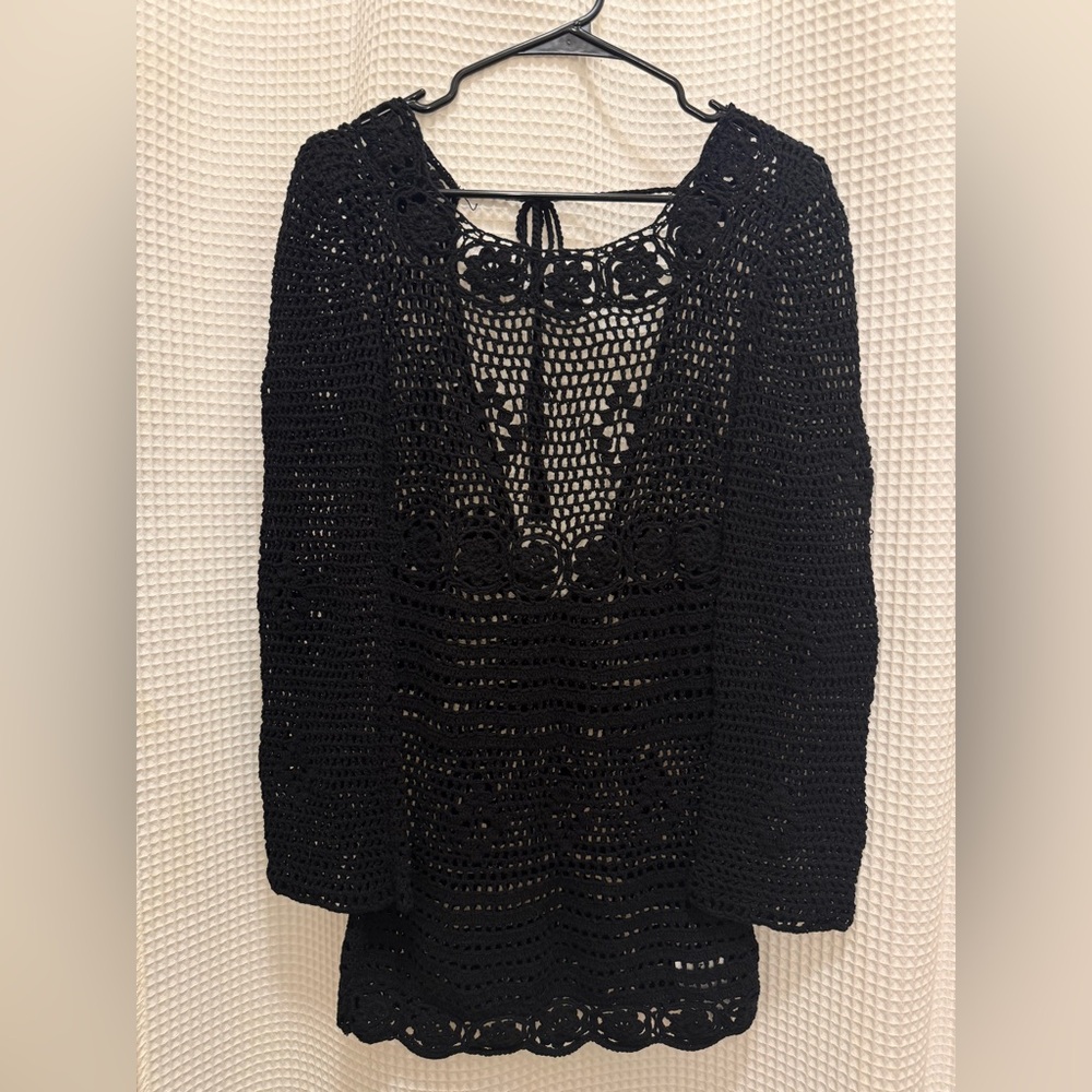 MAJORELLE Black Crochet Knit Top with Floral Accents